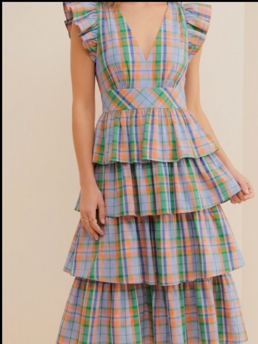 Kate Spade Pastel Plaid Tiered Ruffle Dress in Blue, Peach, Green Size 4 - Picture 2 of 13